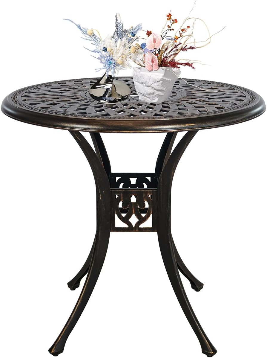 30.7" Outdoor Round Cast Wrought Aluminum Patio Metal Dining Table with Umbrella Hole, Cast Aluminum Frame Bistro Table for Backyard Lawn Balcony Deck, Bronze