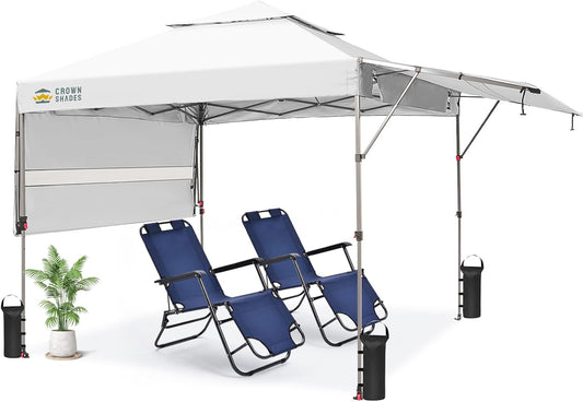 CROWN SHADES 10x10 Pop up Canopy Tent Patended Centerlock Instant Commercial Canopy with 150D Silver Coated Fabric Including 2 Extend Awnings, 4 Ropes, 8 Stakes, 4 Weight Bags, STO 'N Go Bag, White