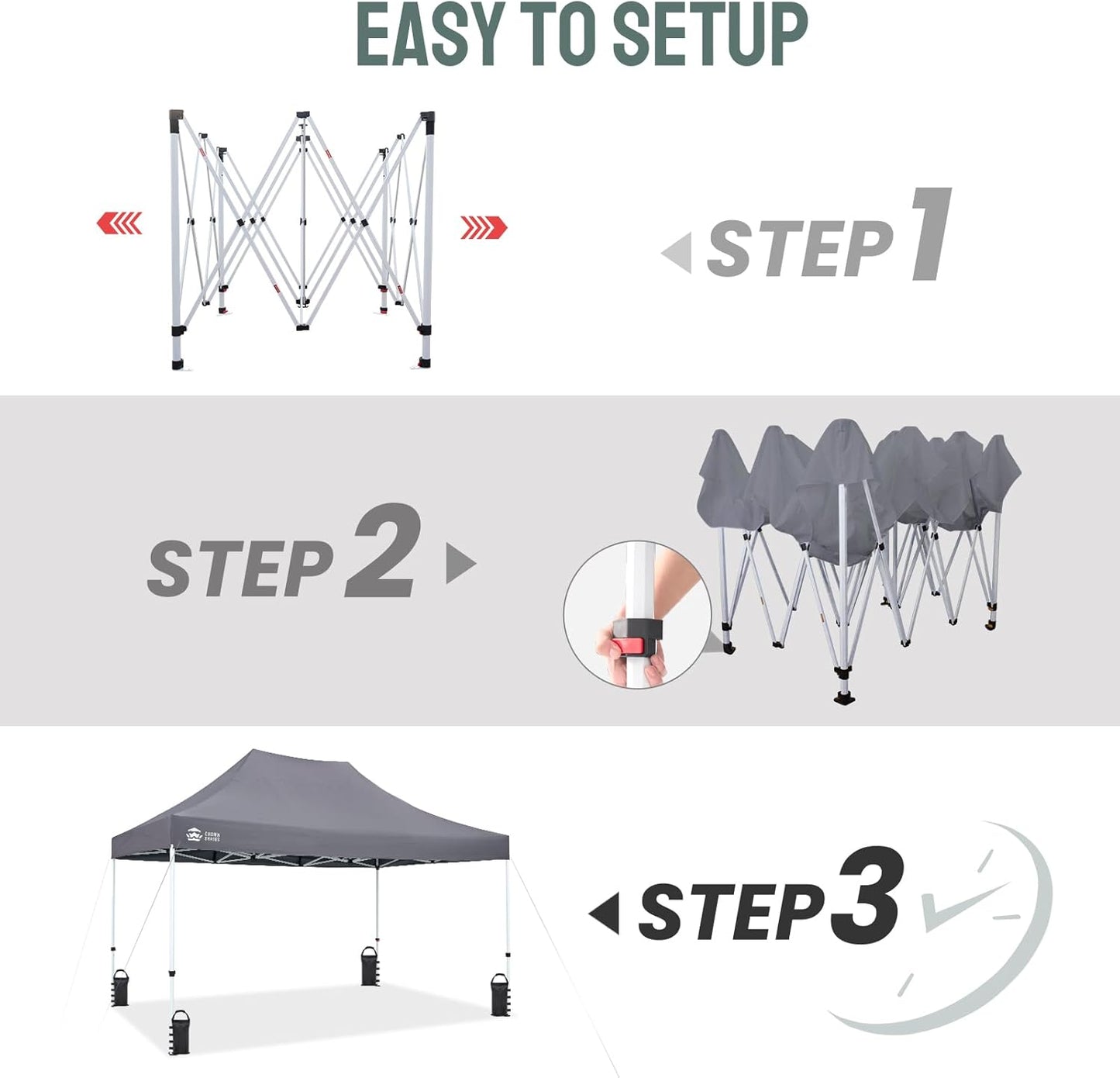 CROWN SHADES 10x15 Pop Up Canopy Tent, Thicken Frame Commercial Heavy Duty Tent, 8 Stakes & 4 Sandbags & 4 Ropes, Outdoor Canopies for Events, Parties,Grey