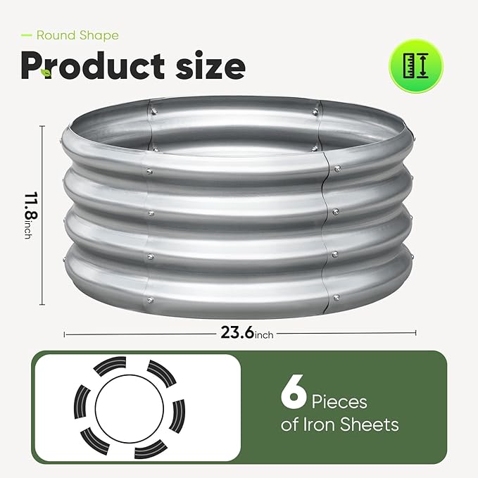 KING BIRD Raised Garden Bed Galvanized Round Planter Box Outdoor for Gardening, Plants, Vegetables, Flowers, Silver, 24x24x12 in, 2 Packs