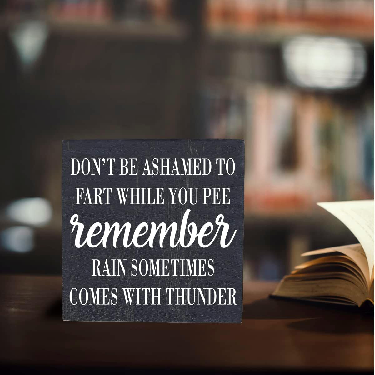 HTBIG Funny Bathroom Decor Don't be Ashamed to Fart While Peeing Toilet Washroom Sign Wooden Box Sign Rustic Black Wood Block Sign for Home Farmhouse Bar Toilet Washroom Shelf Decoration living room