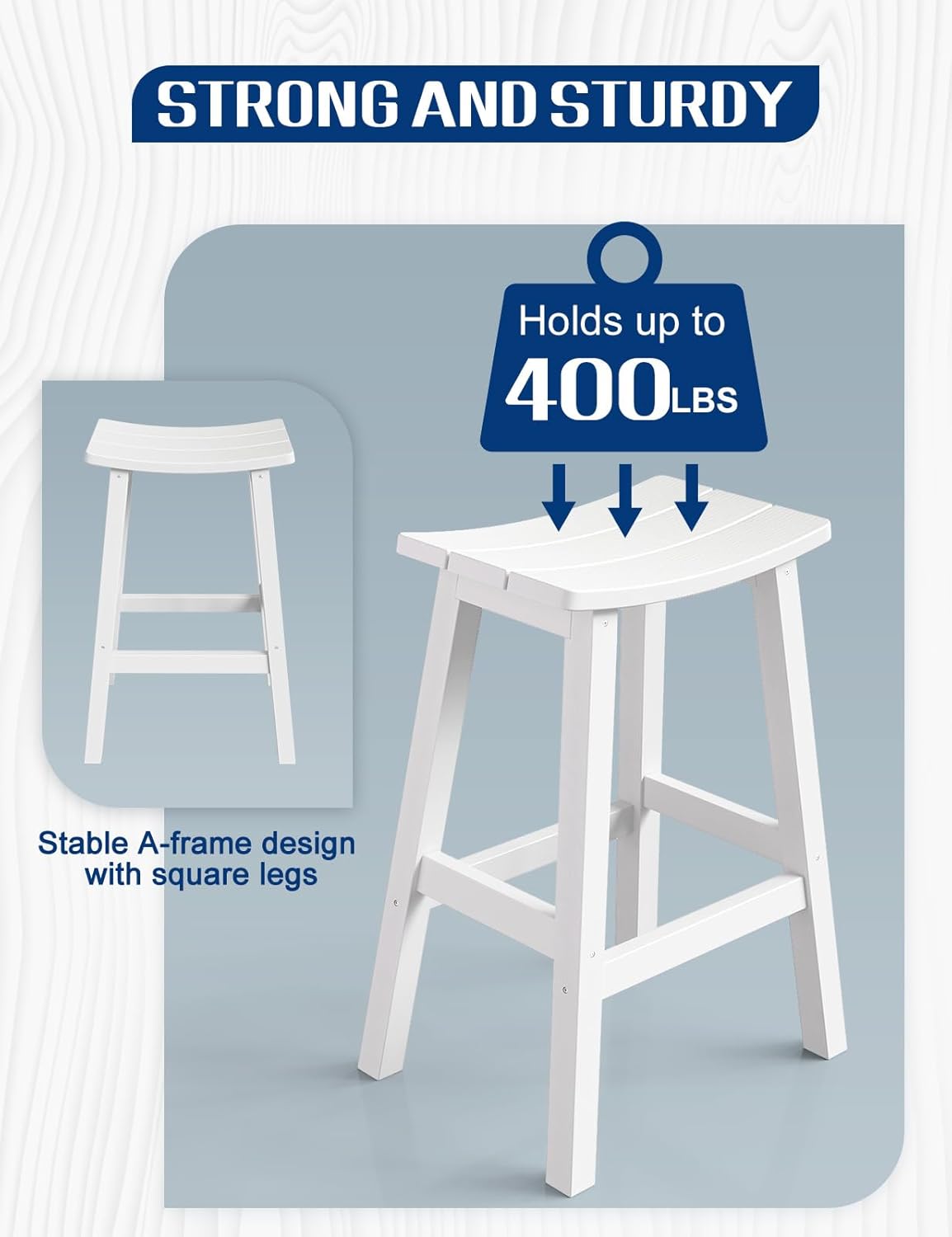 Weatherproof Bar Stools Set of 2, 28" Height Outdoor Bar Stools Holds up to 400 lbs, Saddle Seat, Bar Height Stools for Patio, Garden, and Kitchen Island, White
