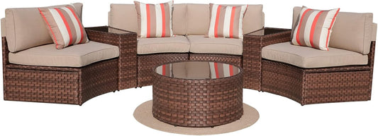 SUNSITT 7 Pieces Patio Furniture Set Outdoor Half-Moon Sectional Set with Waterproof Sofa Cover, Brown PE Wicker & Beige Cushion