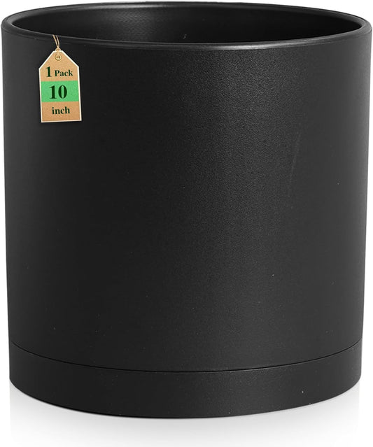 10 Inch Large Deep Plant Pots for Indoor Outdoor Plants, Tall Cylinder Flower Pots with Drainage Holes and Saucer, Big Plastic Planter Pots for Garden Porch House Plants, Black