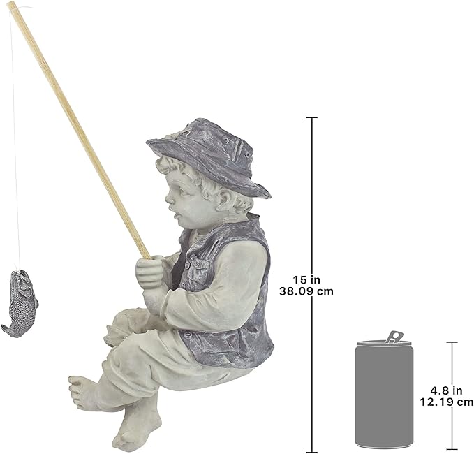 Design Toscano Frederic the Little Fisherman of Avignon Boy Fishing Garden Statue, 15 Inch Tall, Cast Stone Resin, Two Tone Stone Finish