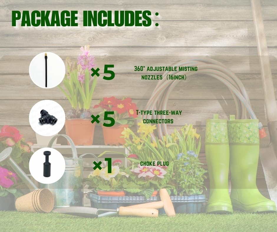 5pk Brass Misting Nozzles Tee 16 inch 360 Degree Adjustable Copper Sprayer, Compatible with1/4 trubing Hose Watering Plant Drip Irrigation Pneumatic Fittings Connection for Watering Garden（16inch）