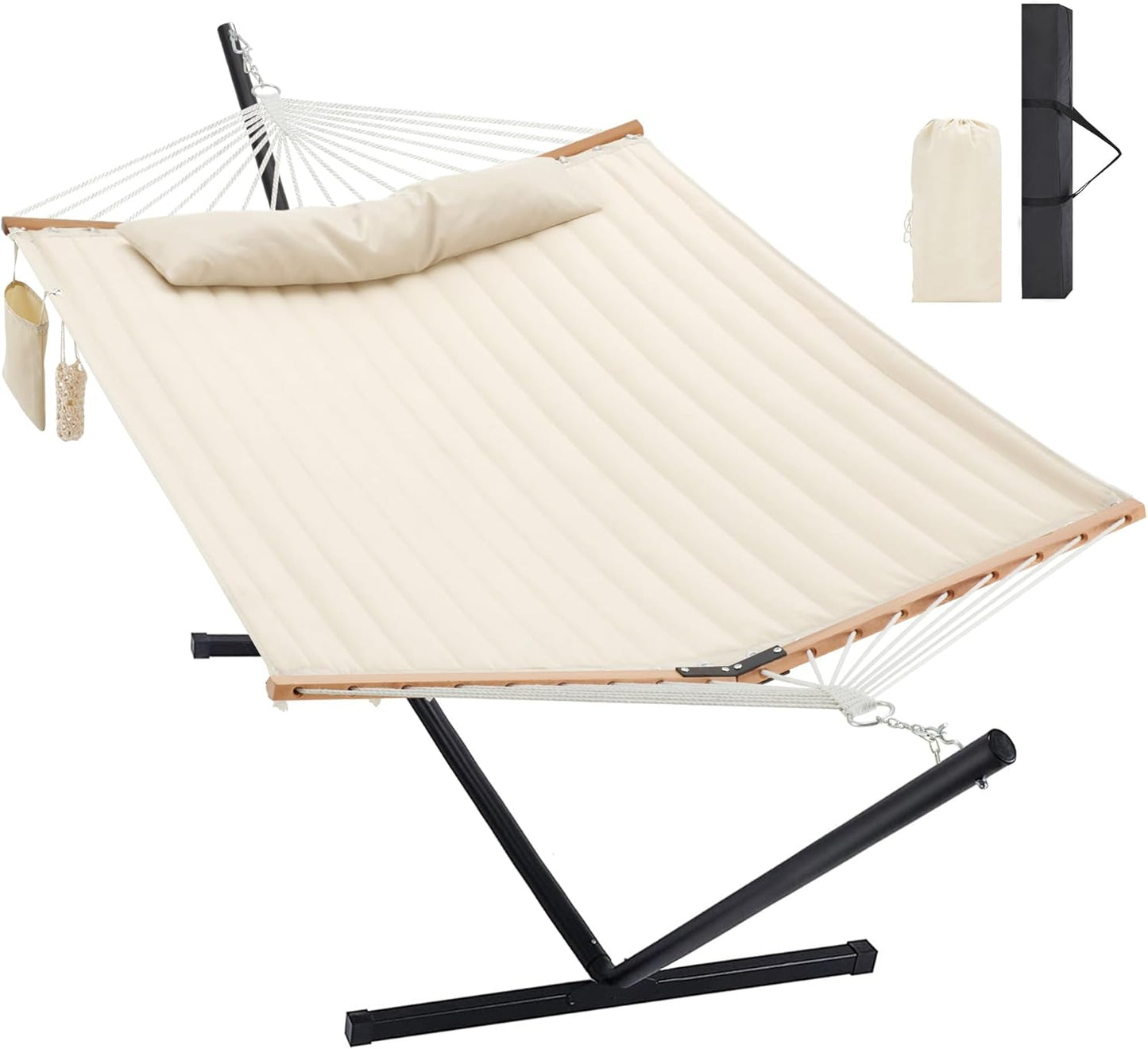 Two Person Hammock with Stand Heavy Duty, Outdoor Patio Hammock with Portable Steel Stand, Large Double Hammocks,480lbs Capacity.(Off White)