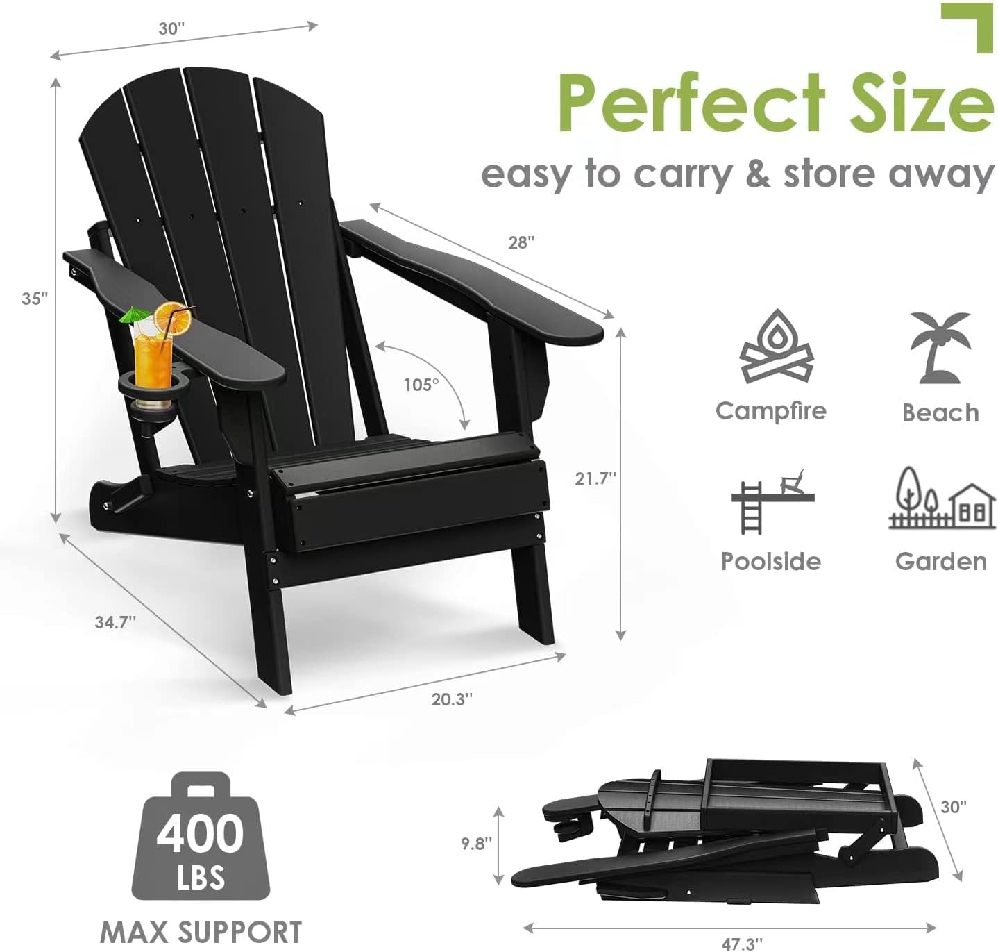 GREENVINES Folding-Adirondack-Chairs-Set-of-4 | HDPE Plastic | Fire Pit Chair | All Weather | Cup Holder | Black | for Deck Backyard Patio Outdoor Garden