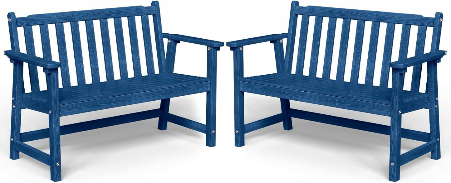 Outdoor Bench, 2-Person HDPE Garden Bench, All Weather Poly Patio Bench for Outdoors, Garden, Backyard, Porch and Park, 550 lbs Weight Capacity, Navy Blue, 2 Pack