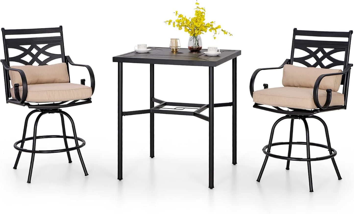PHI VILLA 3 Piece Patio Bar Set,Outdoor Bar Table and Chairs Set, Strong and Heavy Duty Outdoor Bar Set with Cushion and Pillow，2PC Swivel Bar Stools with Square Bar Height Table
