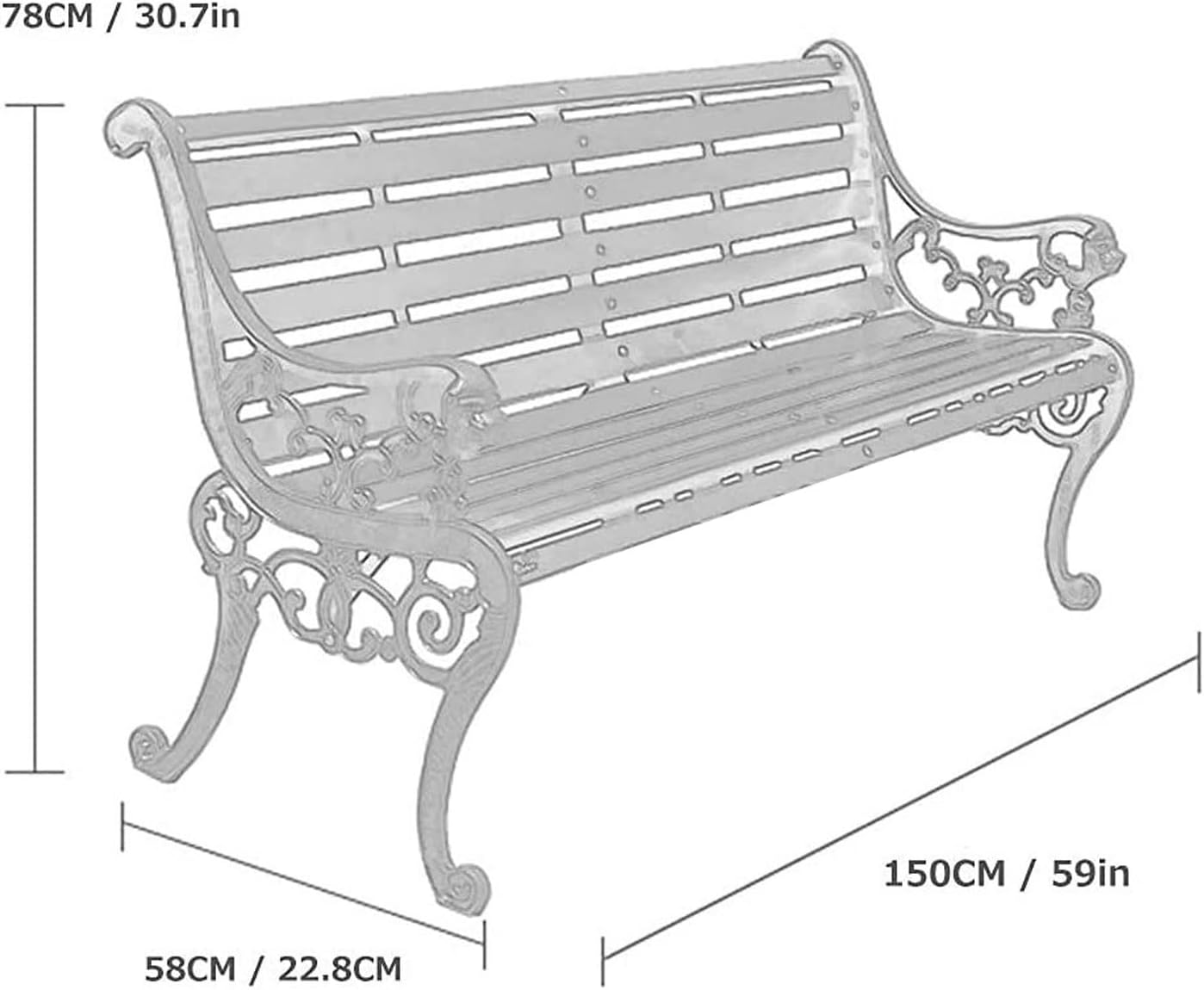 Outdoor Bench, Porch Bench, Garden Park Bench, Cast Aluminum Preservative Wood Bench with Backrest and Armrests for 2-3 People Porch/Deck/Patio Furniture(Brown+Black Legs,150CM)