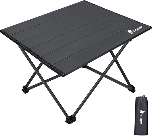 PTEROMY Medium Folding Camping Table, Portable Beach Table with Ultralight Aluminum Tabletop for Travel, Outdoor, Camping, Picnics, and BBQs (Black)
