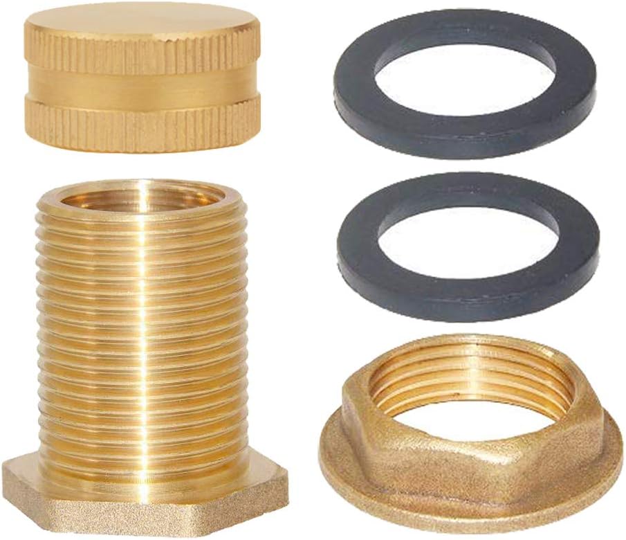 Joywayus Brass Male Garden Hose Bulkhead Fitting with Plugs,1/2" Female 3/4" GHT Male Water Tank Connector Threaded and 3/4" GHT Female Outer Hex Head End Pipe Caps Drain/Flush Port Kit