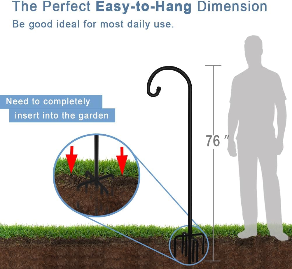 76 inch Outdoor Shepherd Hook with 5 Prong Base (2 Packs), Adjustable Heavy Duty Garden Hanging Stake for Bird Feeder Solar Light Plant Hanger Wedding Decor, Matte Black