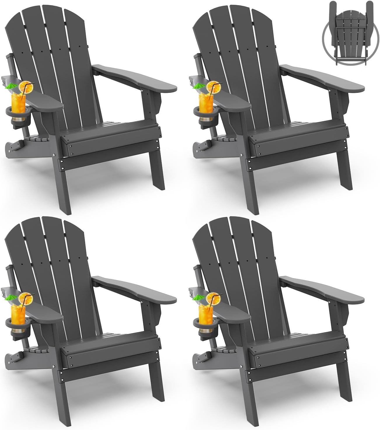 GREENVINES Folding-Adirondack-Chairs-Set-of-4 | HDPE Plastic | Fire Pit Chair | All Weather | Cup Holder | Grey | for Deck Backyard Patio Outdoor Garden