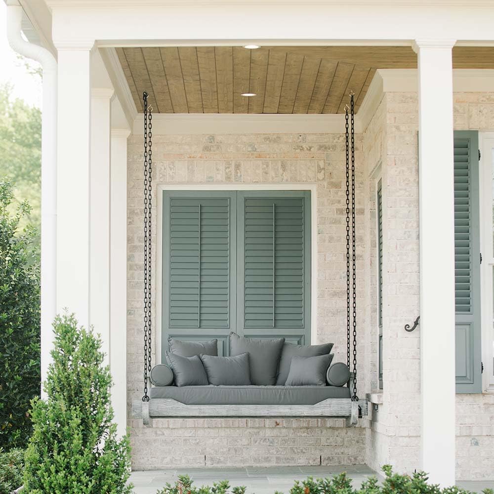 Ash & Ember Grade A Teak Twin Sized Porch Swing with Chain, 75" Wide Antique Finish Teak Wood Bed Frame with Grey Cushions, Weather-Resistant Backyard Benches Swings and Patio Furniture