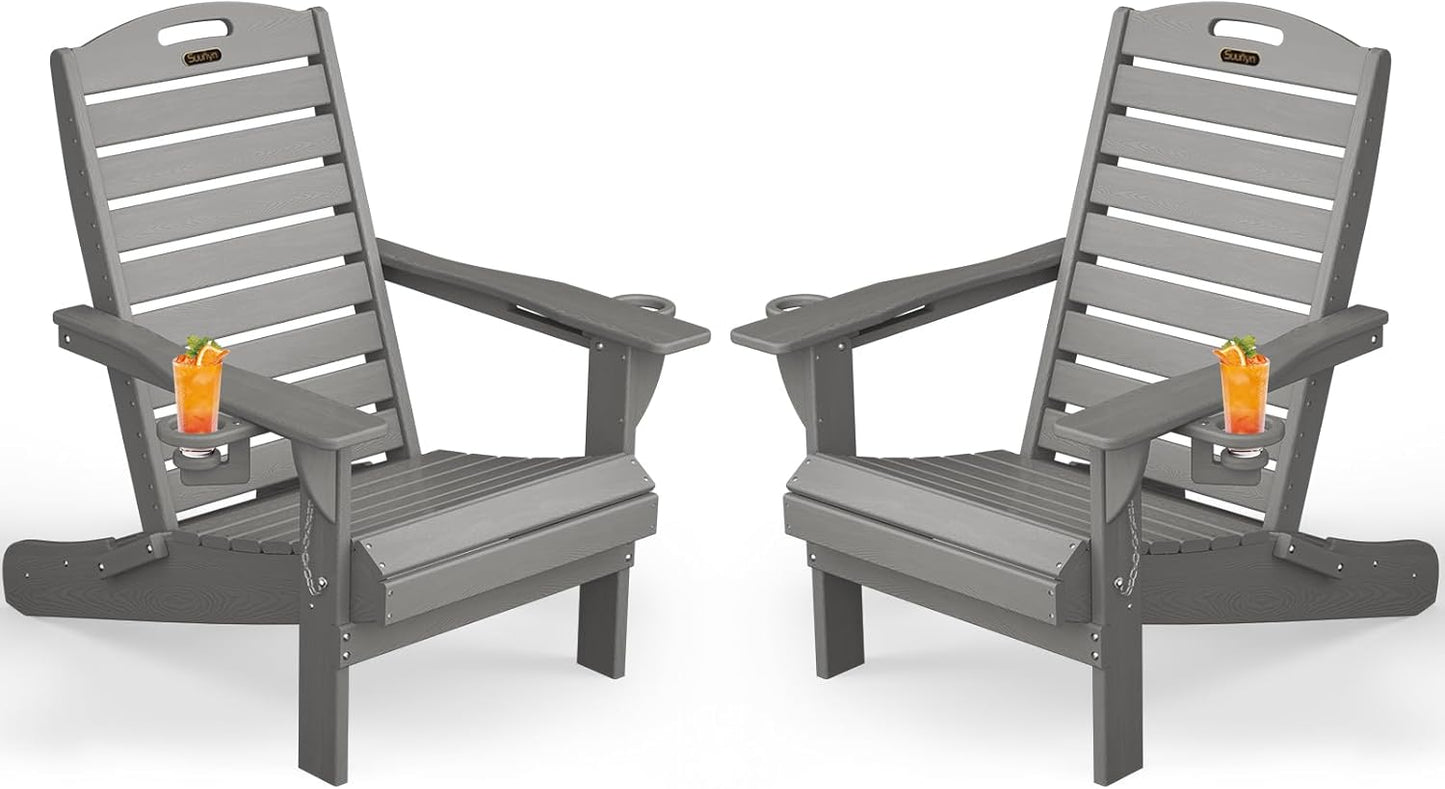 Adirondack Chairs Set of 2, Outdoor Fire Pit Chairs, HDPE All-Weather Adirondack Chairs with Cup Holder, Lawn Chair for Deck, Patio, Garden (Grey)