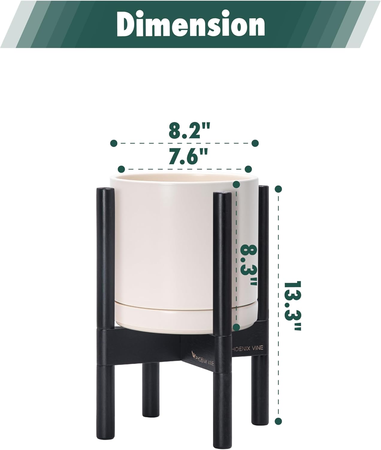 D'vine Dev Ceramic Planter with Ebony Stand - 8 Inch Modern Round Flower Pot with Wood Planter Holder, Oatmeal, 55-B-M-8