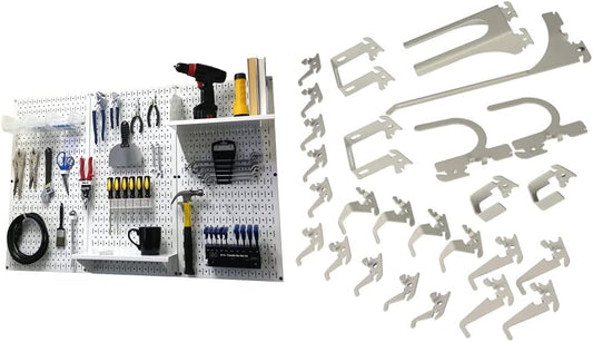 Wall Control 4 ft. Metal Pegboard Organizer - Standard Tool Storage Kit & Deluxe Hook Assortment for Slotted Tool Board - White