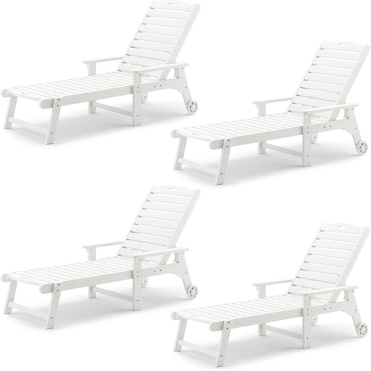 LUE BONA Outdoor Chaise Lounge Chairs Set of 4, 79'' Oversized HDPS Chaise Lounger, 5 Positions Adjustable Lounge Chairs, Pool Lounge Chair with Wheels for Poolside, 3 Year Warranty, White