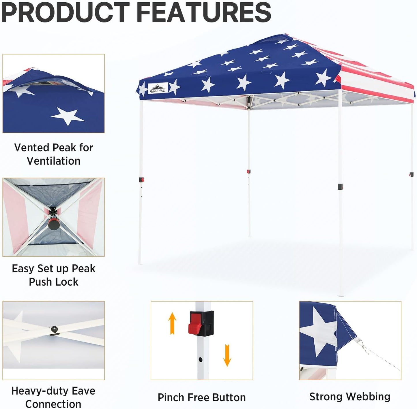 EAGLE PEAK Pop Up Canopy Tent with Wheeled Carry Bag, 8 Stakes, 4 Ropes, Easy Set Up Tent Canopy, 8x8 ft, American Flag