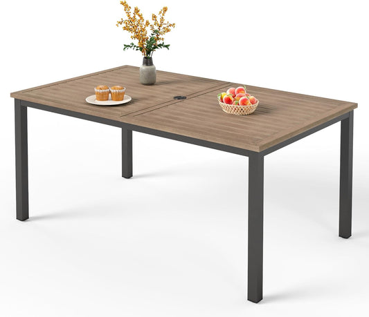 PHI VILLA 64" Rectangle Outdoor Dining Table, Patio Furniture Wood-Like Tabletop with Umbrella Hole for Patio Lawn Backyard Garden, Brown