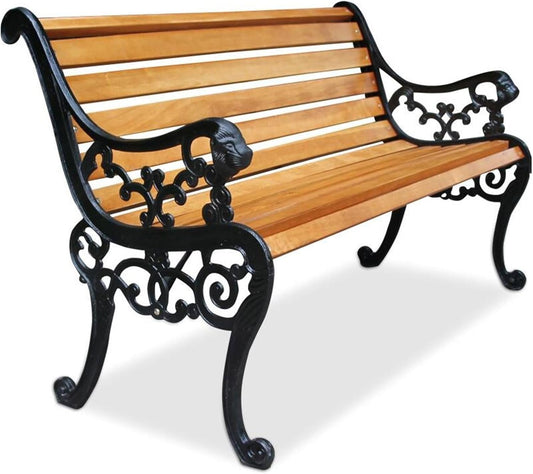 Outdoor Bench, Porch Bench, Garden Park Bench, Cast Aluminum Preservative Wood Bench with Backrest and Armrests for 2-3 People Porch/Deck/Patio Furniture(Teak+Black Legs,125CM)