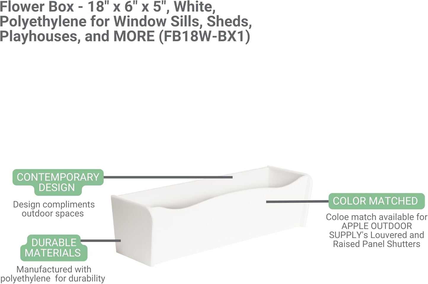 Flower Box 18" x 6" x 5" Redwood Polyethlene for Window Sills, Sheds, and Playhouses, 1 PK (FB18R-BX1)