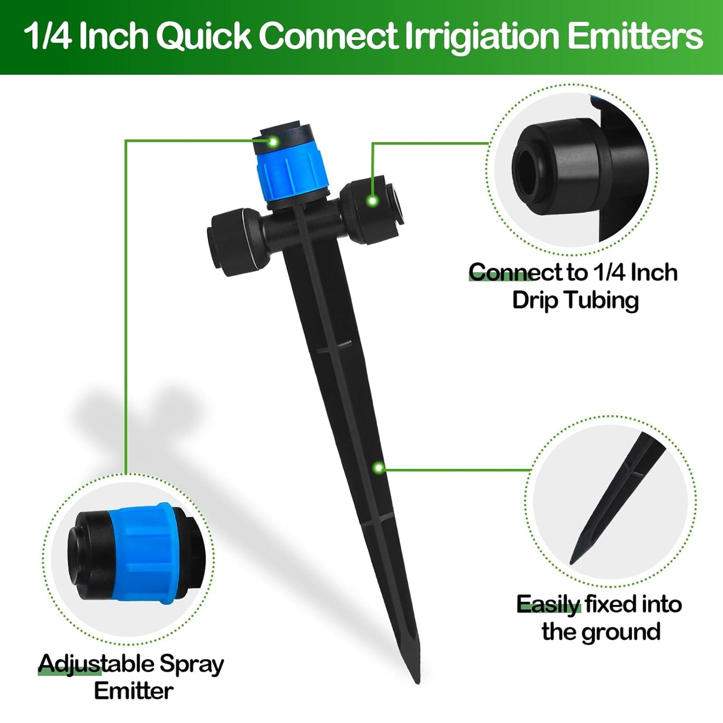 Push-to-Fit Drip Irrigation Vortex Emitters for 1/4" Drip Irrigation Tubing, 20 Pcs Adjustable 360 Degree Water Flow Fan Shape Drippers with Stake in-Line Drip System Emitter