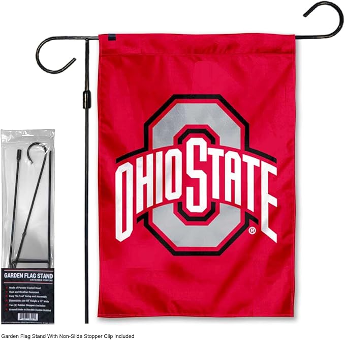 College Flags & Banners Co. Ohio State Buckeyes Red Garden Banner Flag with Flag Pole Stand Set
