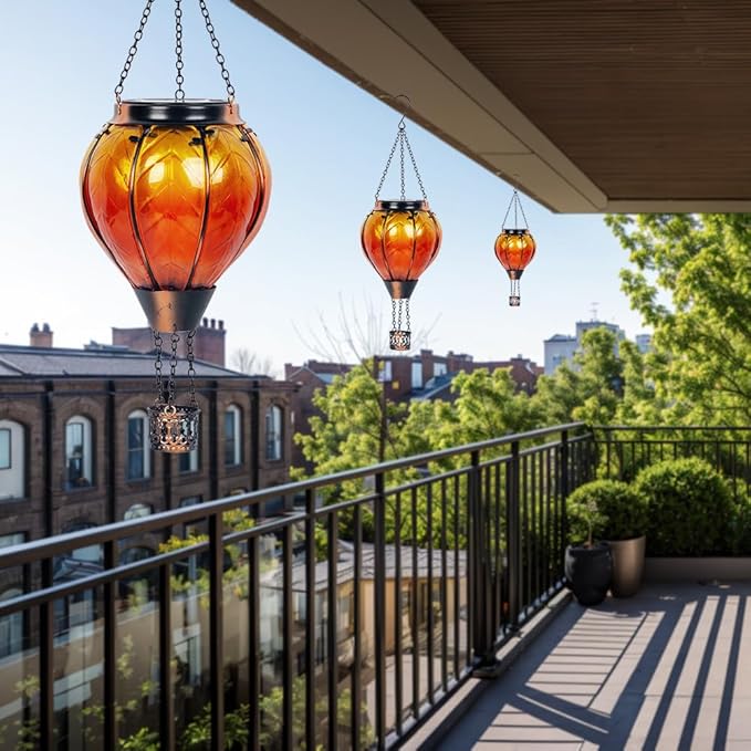 Starsoul Orange Solar Hot Air Balloon Lantern Glass Hot Air Balloon Solar Lantern with Flickering Flame Light Outdoor Solar Hanging Lights Waterproof for Garden Yard Patio