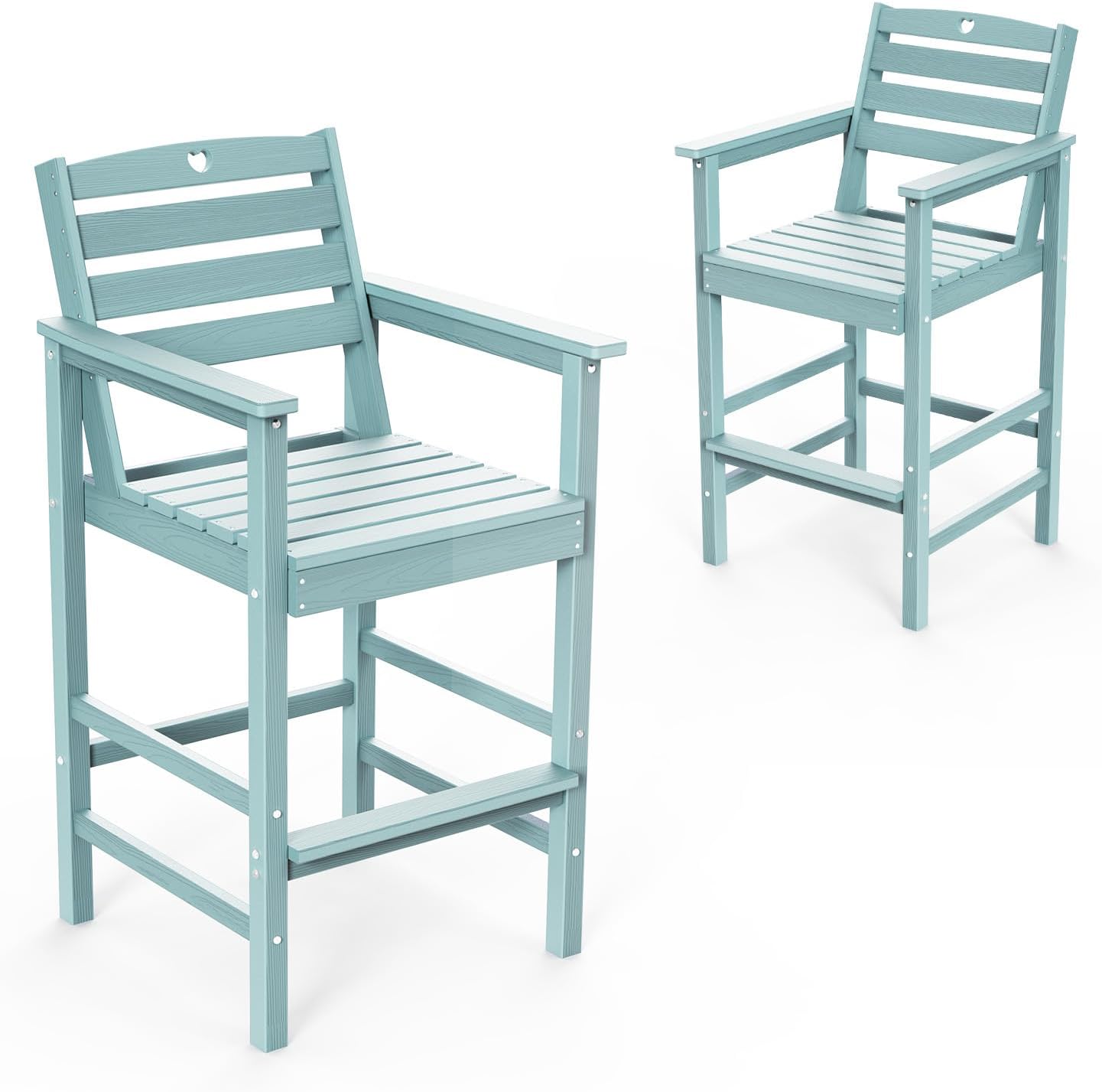 Tall Adirondack Chairs Set of 2, HDPE Wood Balcony Adirondack Chairs Set with Heart Cutout Design, Weather-Resistant Bar Height Furniture for Deck, Porch, Pool (Light Blue)
