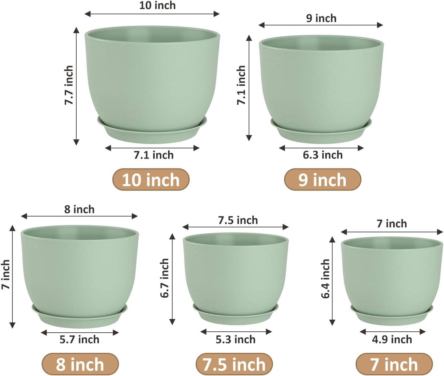 Plant Pots 10/9/8/7.5/7 inch Flower Pots with Multi Mesh Drainage Holes, Planters for Indoor Outdoor Garden Plants and Flowers. (Green)
