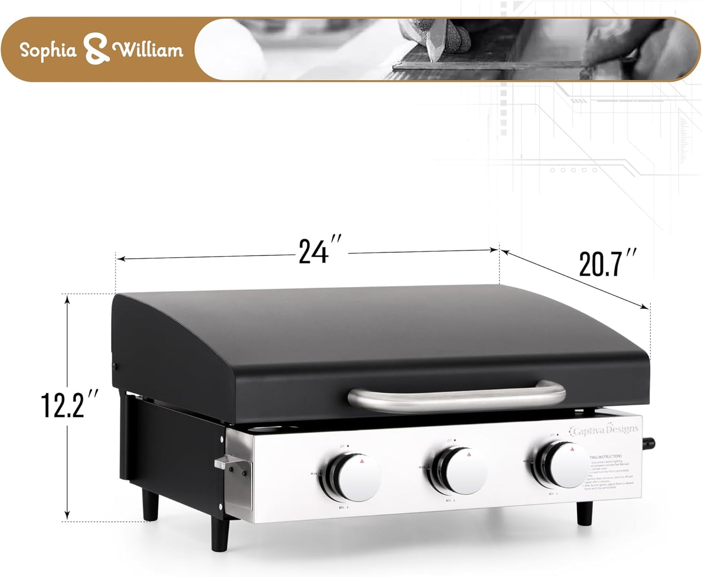 Sophia & William 22" Flat Top Grill with Lid & Ceramic Coated Cast Iron Pan, 3-Burner Portable Tabletop Gas Propane Griddle for Outdoor, BBQ, Camping & Tailgating Barbecue, 24,000 BTU