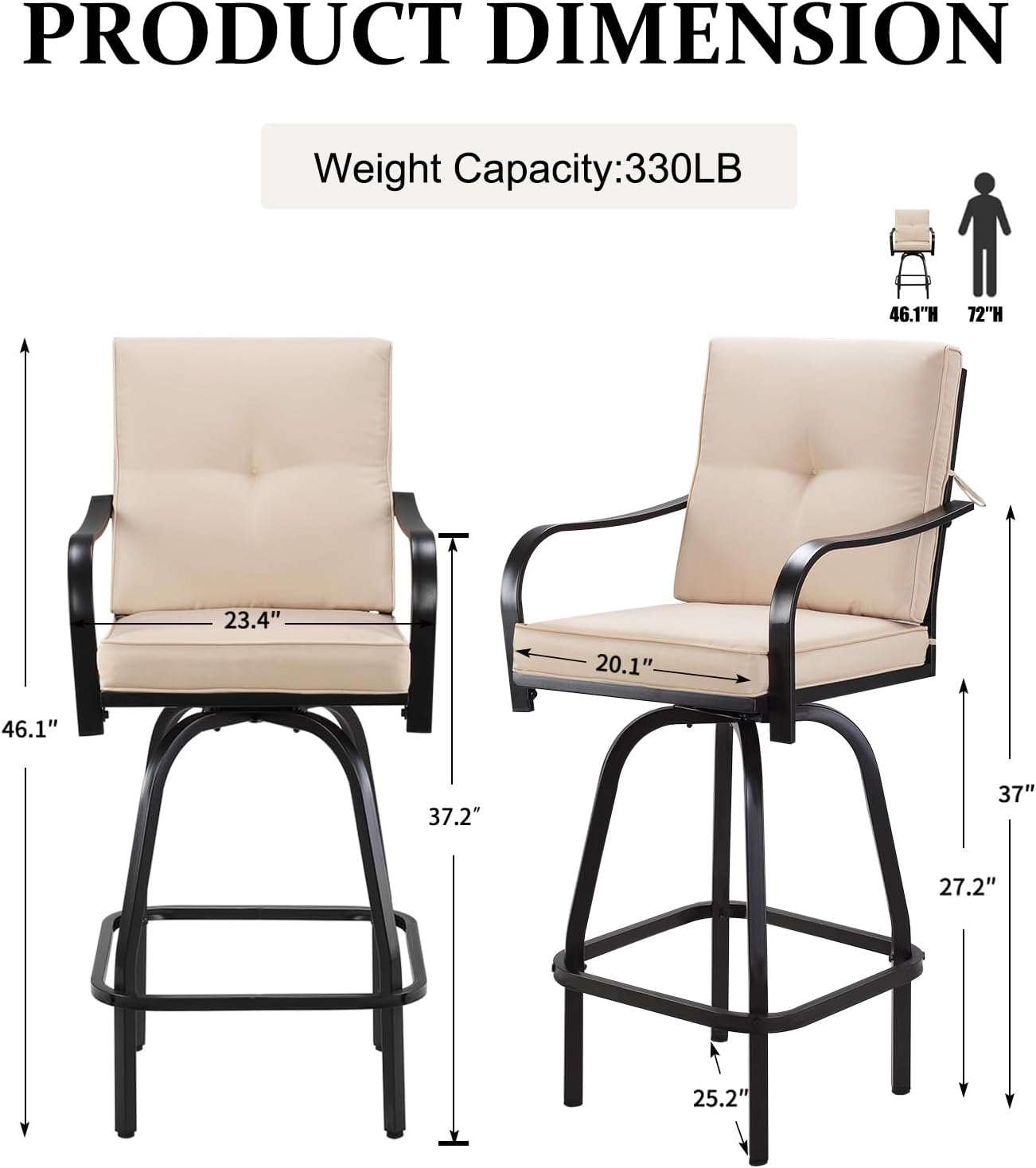 Patio Swivel Bar Stools, Outdoor High Back Swivel Bar Stool Chair Set of 2 with Cushion & All Weather Steel Frame, Beige