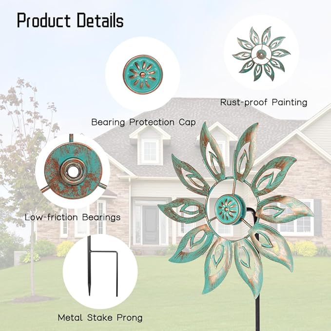 VEWOGARDEN Metal Flower Wind Spinners Outdoor, Garden Kinetic Wind Sculptures & Spinners for Yard Lawn Patio Decorations, Light Green