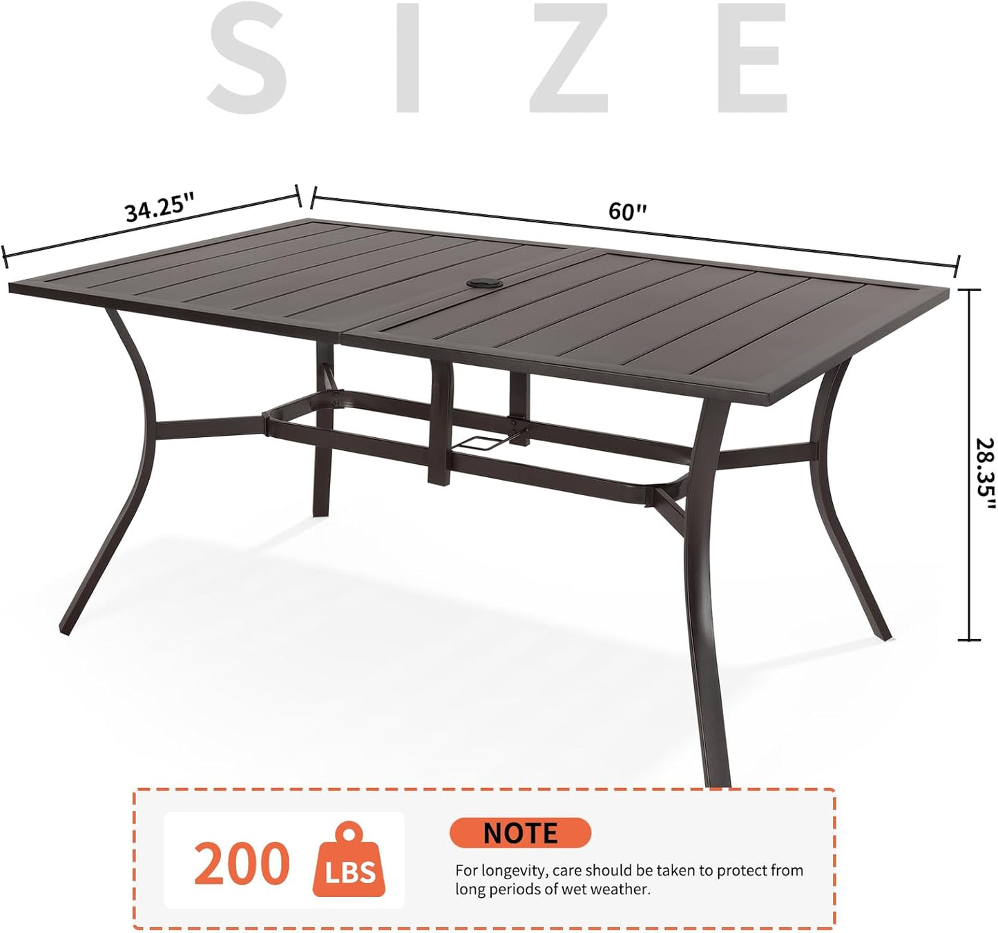 Outdoor Metal Steel Rectangle Patio Dining Table, 6 Person Patio Table with Adjustable Umbrella Hole, Weather-Resistant for Garden Backyard Porch, Dark Brown