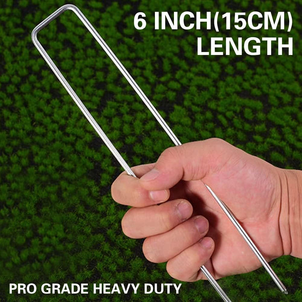 100Pcs Garden Stakes Staples + 100Pcs Gasket, Bakulyor 6 Inch Lawn Landscape Staples 11 Gauge U Shaped Galvanized Landscape Pins, Heavy Duty Yard Ground Pin for Weed Barrier Sod Fabric Decorations