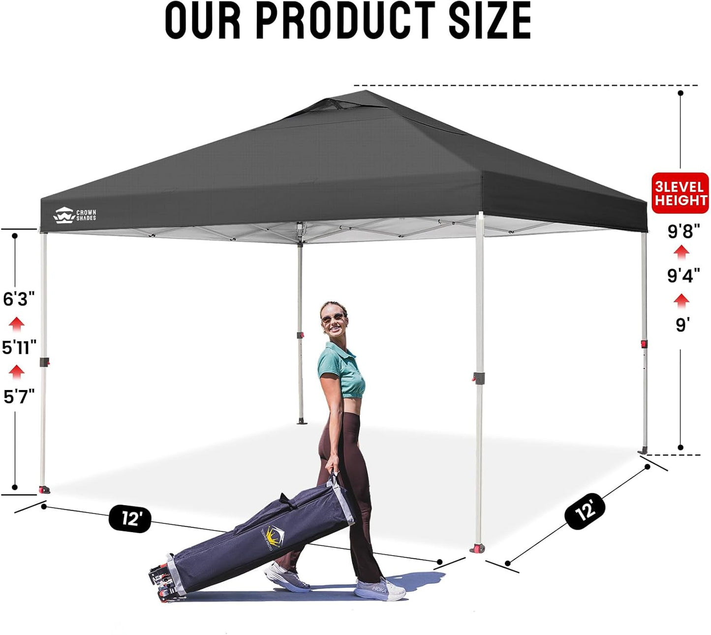 CROWN SHADES 12x12 Pop Up Canopy - Beach Tent with One Push Setup - Easy Outdoor Sun Shade Shelter for Events, Parties - Gazebo with STO-N-Go Cover Bag, Silver Coated Top, Grid Grey