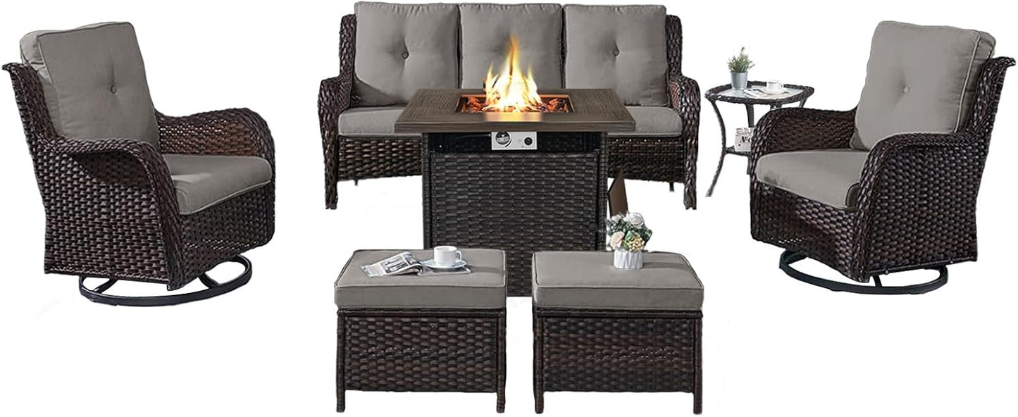 Outdoor Patio Furniture Set with 50000BTU Propane Fire Pit Table, 7 Pieces Wicker Patio Conversation Set with 2 Swivel Glider Rocker Chair Rattan Sofa Grey Cushion Perfect for Casual Gathering