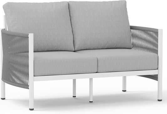 Aluminum Outdoor Patio Couch Loveseat, HDPE Rope Patio Sofa with Washable Thick Cushion, All-Weather Patio Furniture for Balcony, Yard, White Frame, White