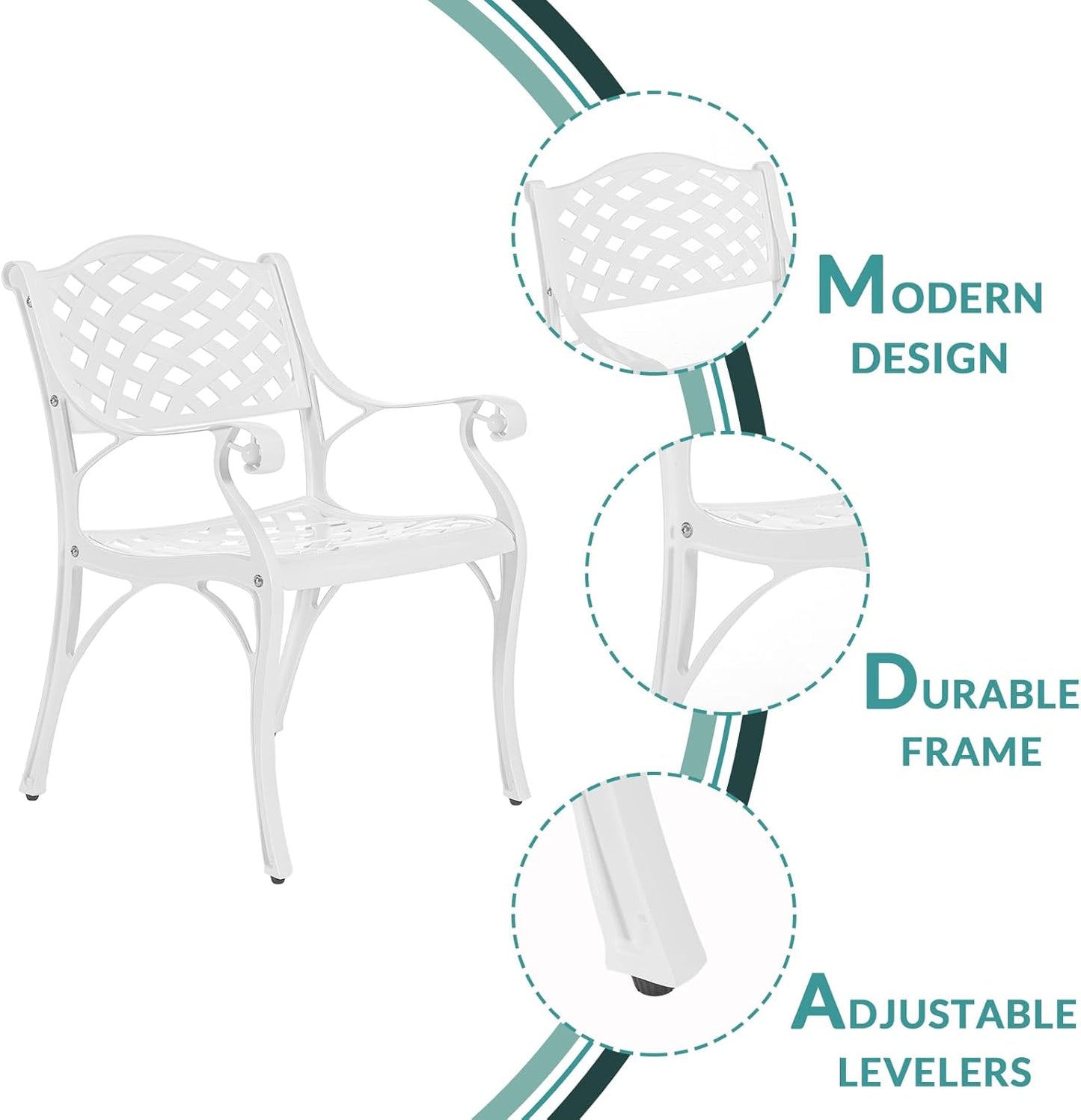 MEETWARM 3 Piece Patio Bistro Set, Outdoor All-Weather Cast Aluminum Dining Furniture Set Includes 2 Chairs and a 31” Round Table with Umbrella Hole for Garden Deck, White