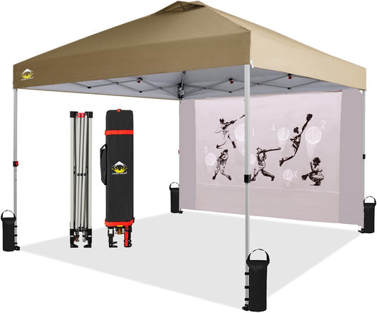 CROWN SHADES 10x10 Pop Up Canopy Tent with Game Netting - Beach Tent with One Push Setup - Outdoor Sun Shade for Events, Parties, Camping with STO-N-Go Cover Bag, Silver Coated Top, Khaki
