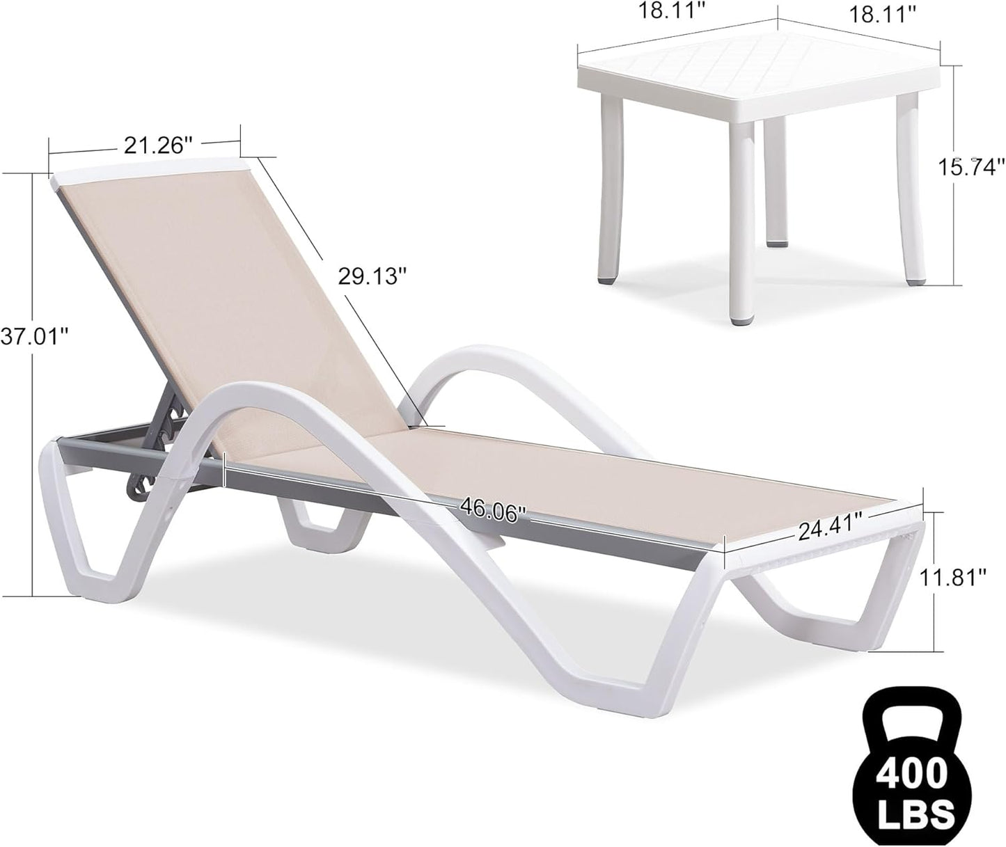 PURPLE LEAF Patio Chaise Lounge Chair Set Outside Aluminum Plastic Stackable Tanning Chairs with Armrests and Side Table for Pool Sunbathing Beach Deck Outdoor Lounger, Beige