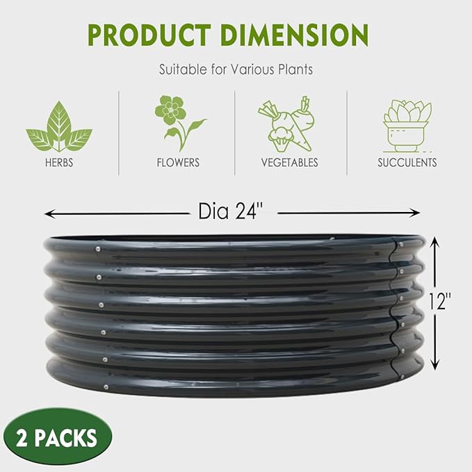 FORTUNO 2 Pcs 2 Ft Round Raised Garden Bed Box Galvanized Metal Outdoor High Flower Bed Steel Patio Ground Planter for Planting Vegetables and Herbs, Dark Grey