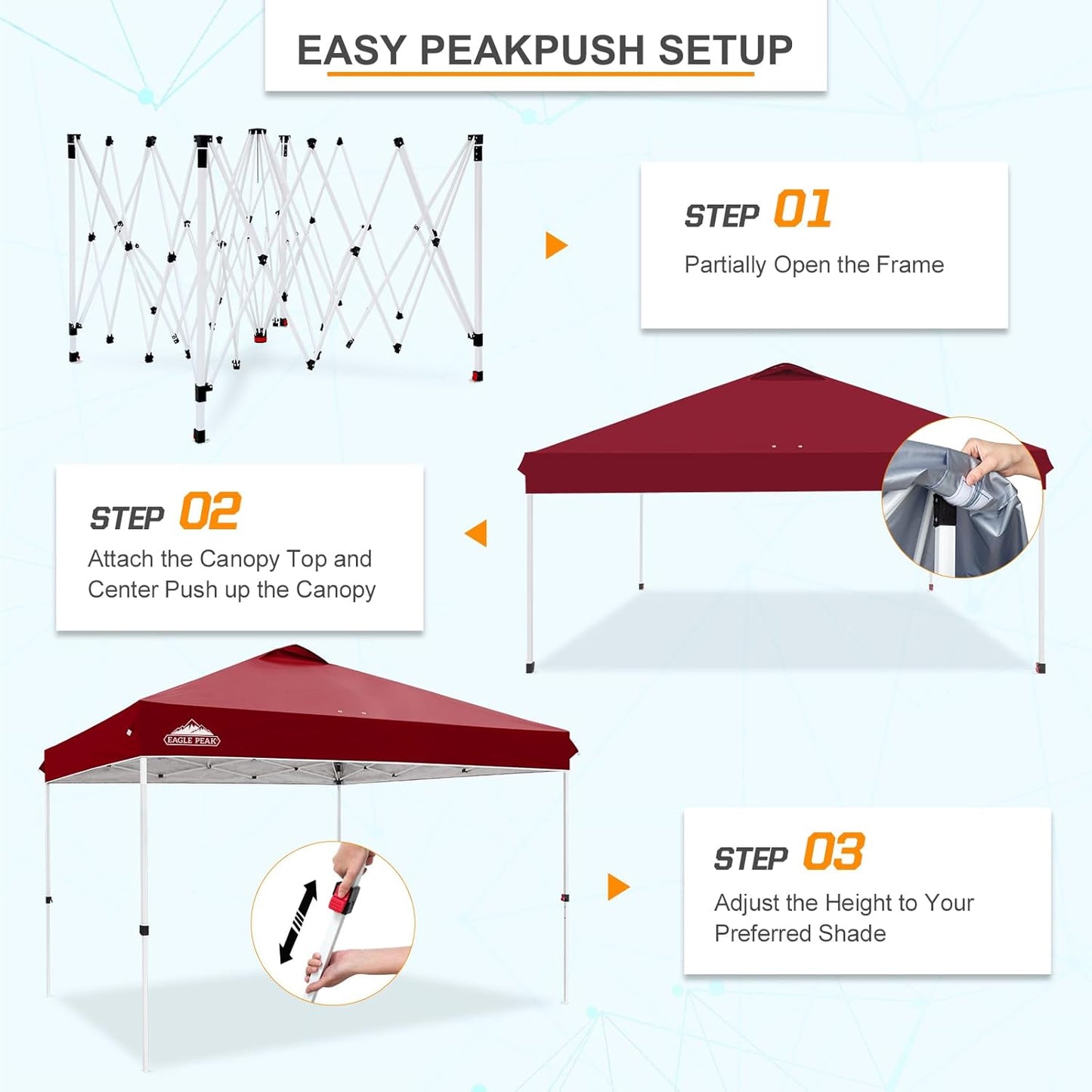 EAGLE PEAK Pop Up Canopy Tent with Wheeled Carry Bag, 8 Stakes, 4 Ropes, 4 Weight Bags, Easy Set Up Tent Canopy, 12x12 ft, 144sqft of Shade, Burgundy