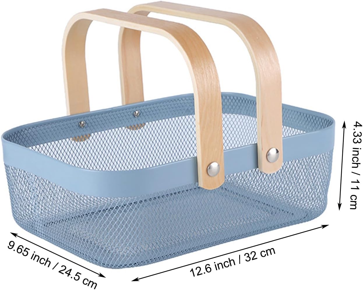 Metal Mesh Steel Basket, Storage Organizer Baskets Garden Harvest Basket Multi-functional Kitchen Fruit Baskets Bin with Wooden Handle for Bathroom Picnic Shopping Decor Cabinet Home, Blue