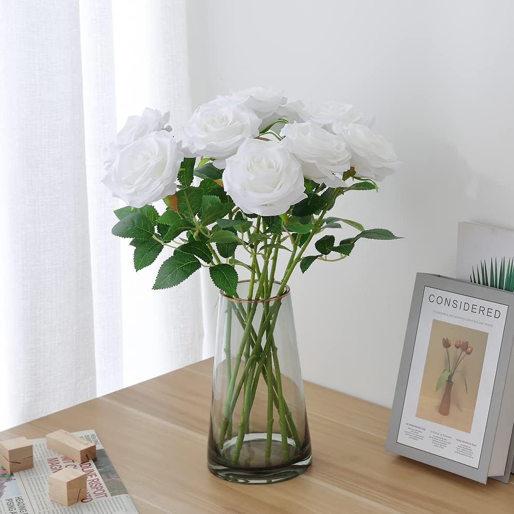 Artificial Rose 10pcs Open Flower Bouquet Faux Rose Stems for Wedding Arrangement, Bridal Bouquet, Centerpiece, Fake Faux Silk Flowers (White)