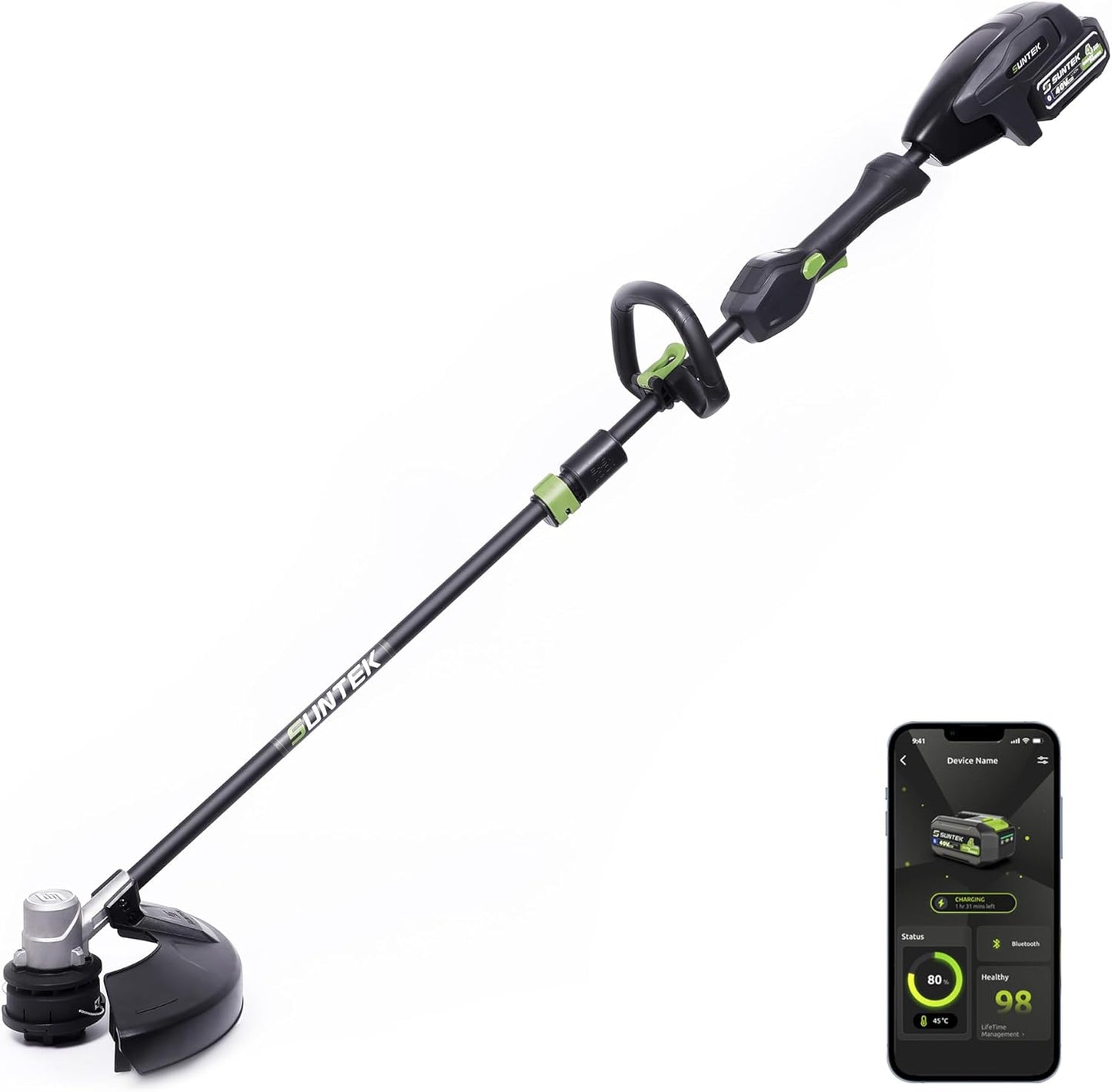 SUNTEK Electric String Trimmer Edger, 40V 15-Inch Brushless String Trimmer Cordless with 4.0Ah Battery and Fast Charger Included, 2-Speed Levels, Integrated Screen and APP Connection, Aluminum, Black