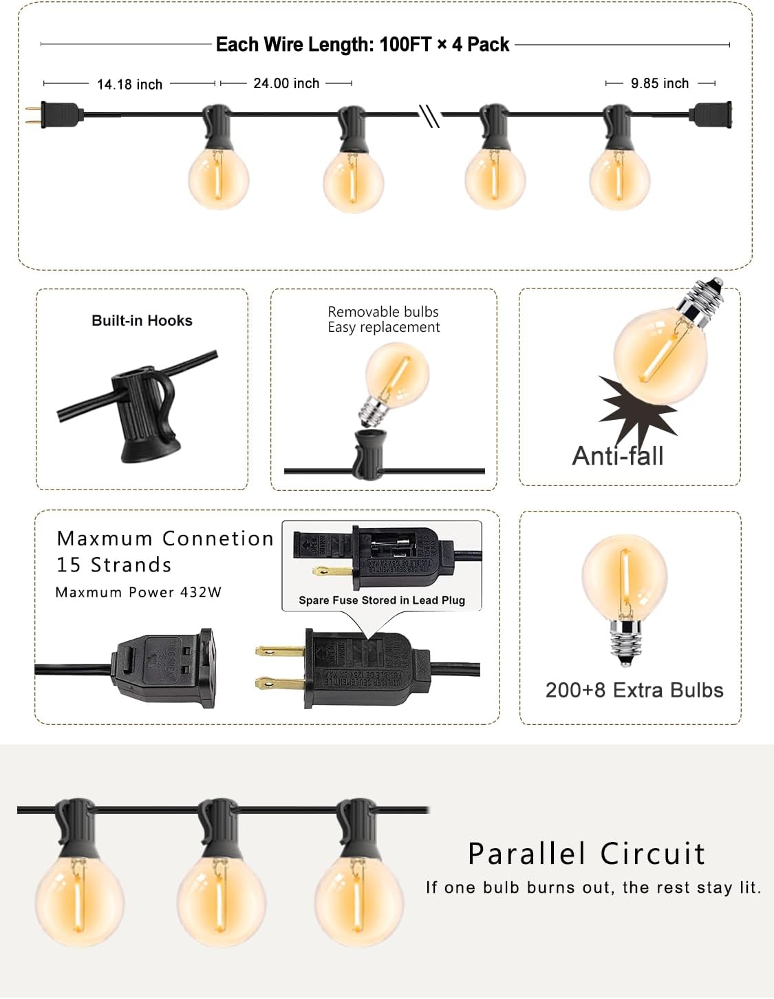 DAMAING Outdoor String Lights 400FT Patio Lights with 208 shatterproof G40 dimmable Globe LED Bulb, Waterproof connectable Outdoor Lighting for Backyard Porch Balcony gazobo, 4-Pack 100FT,Black